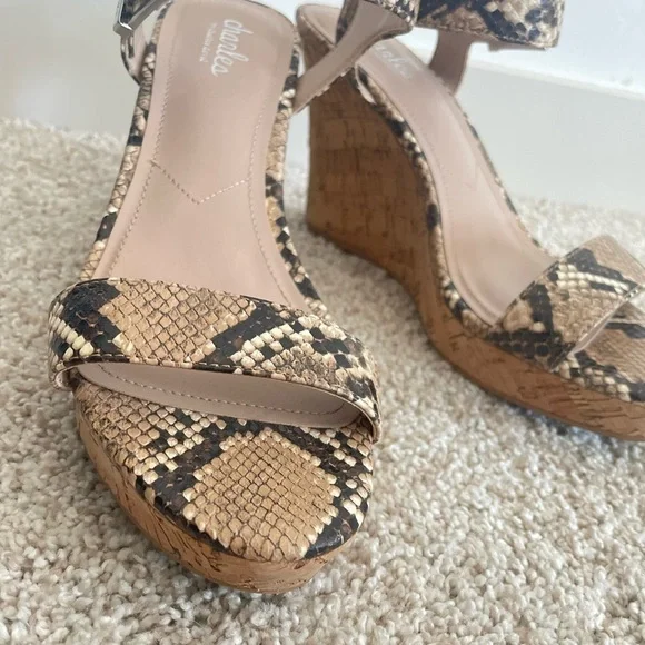 Charles David Lindy Snakeskin Single Vamp Band Ankle Strap Cork Wedge Sz 8.5 - Picture 5 of 9
